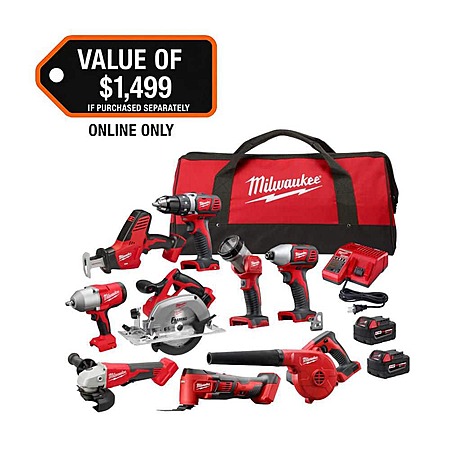 9-Tool Milwaukee M18 18V Lithium-Ion Cordless Kit w/ 2 Batteries, Charger & Bag