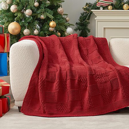 Amélie Home Checkered Chenille Knit Throw Blanket, 50"x60", Christmas Red - $12.99