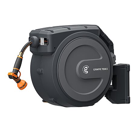 Giraffe Tools Retractable Hose Reel 5/8" x 90 ft Wall Mounted Garden Hose Reel Heavy Duty, Automatic Rewind, 180 Deg Swivel, Any Length Lock, 9 Pattern Nozzle, 90 ft, for $107.3