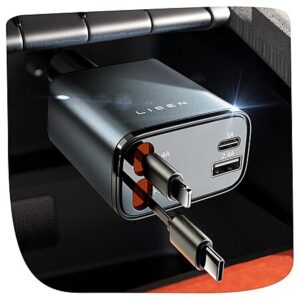 LISEN 69W 4-in-1 Retractable USB-C + Lightning Car Charger