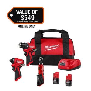 Milwaukee M12 Drill & Impact Driver + 3/8" Ratchet + 2 Batteries + Charger + Bag