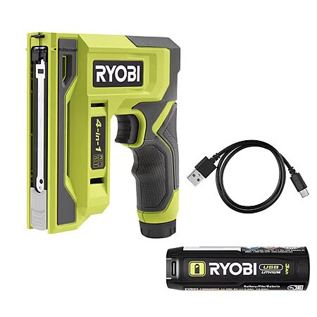 Open Box: RYOBI USB LITHIUM 4-in-1 Stapler/Nailer Kit w/ 3.0 Ah Battery & Cable