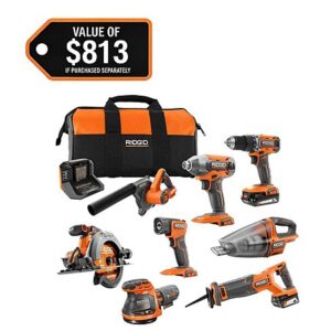 RIDGID 18V Cordless 8-Tool Combo Kit w/ 2.0 Ah + 4.0 Ah Batteries & Charger