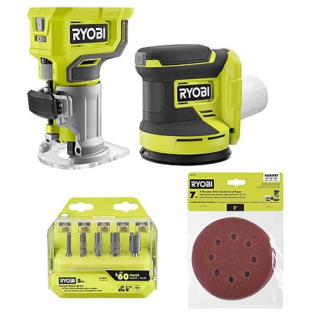 RYOBI ONE+ 18V Compact Fixed Base Router & 5" Random Orbit Sander Bundle