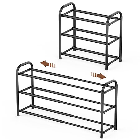 3-Tier Gonfoam Expandable 17.7" to 32.5" Metal Shoe Rack (Black)