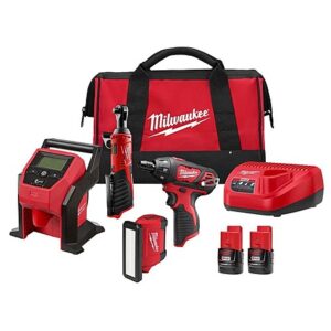 4-Tool Milwaukee M12 12V Combo (Screwdriver, Ratchet, Inflator, Light, 2x 2.0Ah)