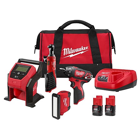 4-Tool Milwaukee M12 12V Combo (Screwdriver, Ratchet, Inflator, Light, 2x 2.0Ah)
