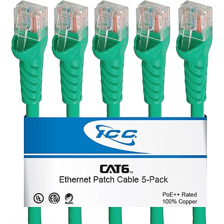 5-Pack ICC CAT6 Ethernet Patch Cords 10 FT, UTP 24 AWG UL Listed, PoE++ - $2.95 Shipped with Prime