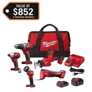 5-Tool Milwaukee M18 18V Combo Kit w/ 2x Batteries (4 Ah, 2 Ah), Charger & Tool Bag