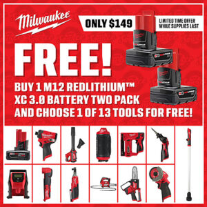 Milwaukee M12 XC 3.0 Battery Two Pack + Free Bare Tool $149 48-11-2412 REDLITHIUM