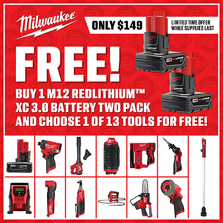 Milwaukee M12 XC 3.0 Battery Two Pack + Free Bare Tool $149 48-11-2412 REDLITHIUM