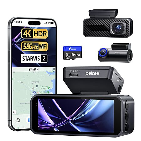 Pelsee P1 Pro 4K Dash Cam Front and Rear, STARVIS 2 Sensor, 64GB Card ...