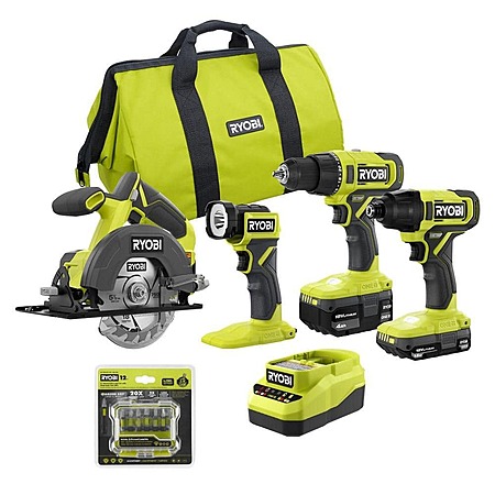 RYOBI ONE+ 18V 4-Tool Combo Kit w/ 1.5Ah/4.0Ah Battery, & Diamond Grit Driving Set