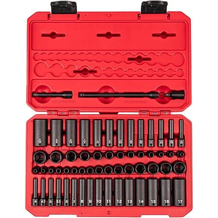 61-Pc TEKTON 1/4" Drive Shallow & Deep 6-Point Impact Socket Set w/ Case