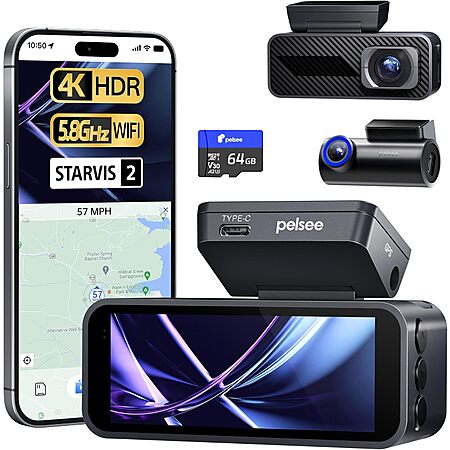 Pelsee P1 Pro 4K Front & 1080p Rear Dash Cam w/ STARVIS 2 Sensor