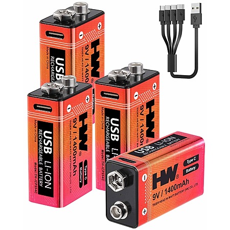 Prime Members: 4-Pack HW 9 Volt 1400mAh Rechargeable Lithium Batteries
