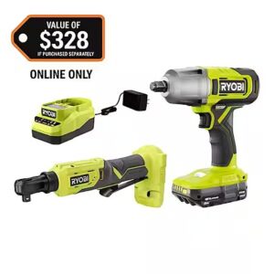 RYOBI ONE+ 18V 1/2" Impact Wrench + 3/8" 4-Position Ratchet w/ 2Ah Battery & Charger