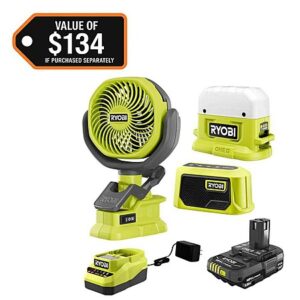 RYOBI ONE+ 18V Campers Kit: Area Light, Bluetooth Speaker, Clamp Fan, & Battery