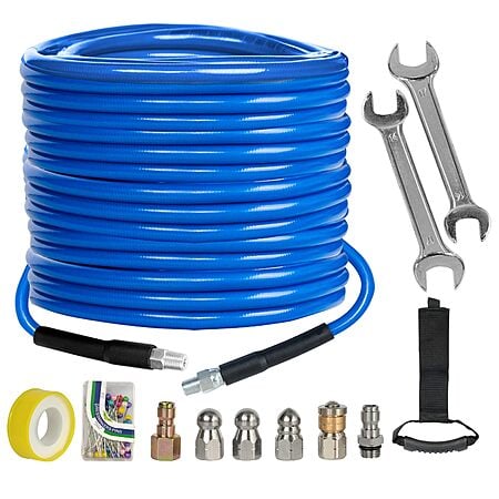 100' Xiny Tool Sewer Jetter Kit w/ Drain Cleaner Hose & Nozzles & More