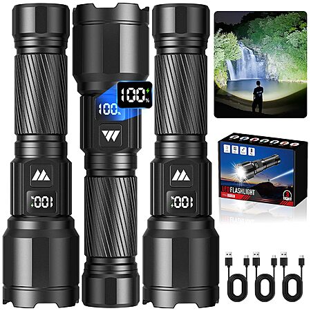 Prime Members: 3-Pk WdtPro Rechargeable Flashlight w/ Zoom & LCD Display