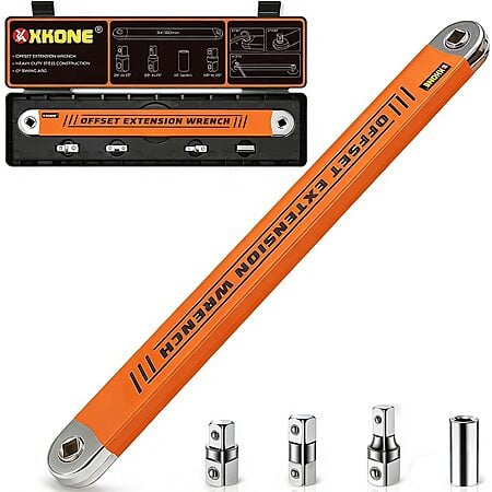 XKONE Offset Extension Wrench w/ 3x Adapters & 1/4" Socket (Various Colors)