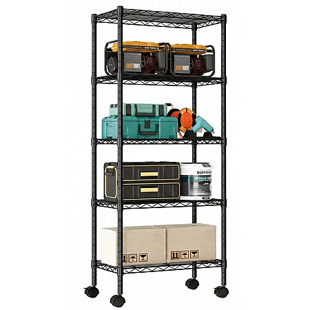 EDX 5 Tier Heavy Duty Adjustable Wire Shelving with Wheels, Storage Racks for Garage Kitchen Pantry Laundry Office, Easy Assembly, 23"W x 13"D x 60"H, Black $22.99