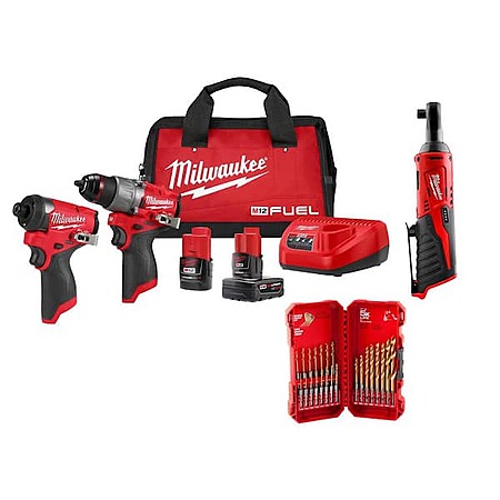 Milwaukee M12 FUEL 12V Hammer Drill Kit + M12 3/8" Ratchet + SHOCKWAVE 23-Pc Kit