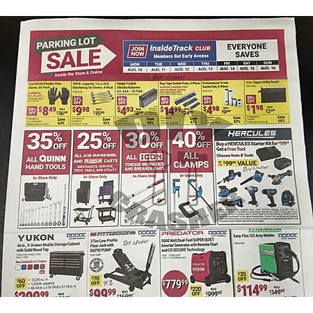 Harbor Freight August Parking Lot Sale, 8/10-8/13 ITC,814-8/16 non, 35% off Quinn hand tools, 25% off US General/Frankling carts, 30% off ICON torque wrenches/breakers bars,+ more