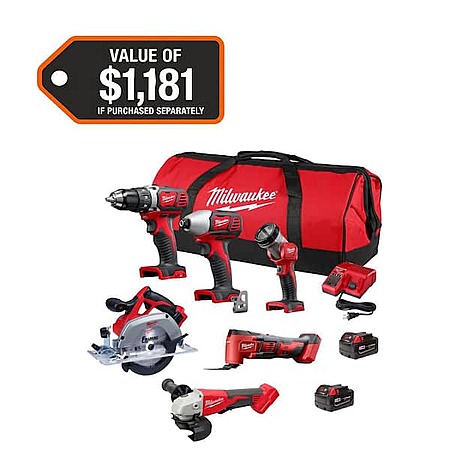 Milwaukee M18 18-Volt Lithium-Ion Cordless Combo Kit (6-Tool) w/ 2 Batteries, Charger & Tool Bag $449 w/ Free Shipping