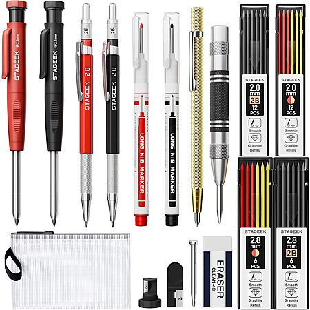 STAGEEK Mechanical Carpenter Pencil Sets w/ Refills & Layout Tools: 17-Piece Set $11.99, 22-Piece Set $13.79 + Free Shipping w/ Prime or on $35+
