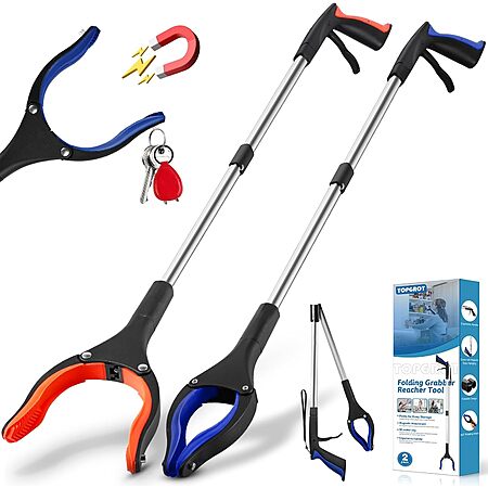 2-Pk 32" TopGrot Foldable Grabber Reacher Tool w/ 90° Rotating Jaw & Magnets