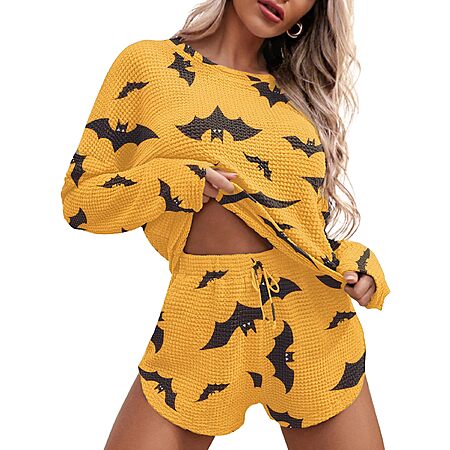Ekouaer Womens Waffle Knit Pajama Sets Long Sleeve Top & Shorts (various)