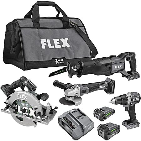 FLEX 24V Brushless 4-Tool Combo Kit w/ 5.0Ah & 2.5Ah Batteries + Charger
