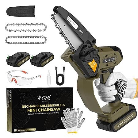 5" VCAN ACTIVE 21V Cordless Brushless Mini Chainsaw w/ 2x 2.5Ah Batteries