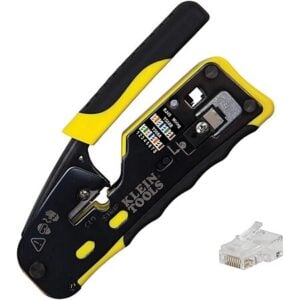 Klein Tools Ratcheting Data Cable Crimper / Cutter + 50-Pk CAT6 RJ45 Data Plugs