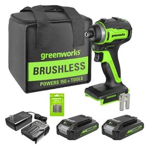 YMMV Greenworks 24V Brushless Cordless Impact Driver Kit, 1950 in./lbs Torque, 1/4'' Hex Collet ,2×2Ah Batteries with 2A Charger, 8pcs Drill/Driver Bits with Tool Bag $51.99 Amazon
